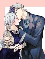  1boy apron blush braid brynhildr_(fate) casual couple fate/grand_order fate/prototype fate/prototype:_fragments_of_blue_and_silver fate_(series) female formal glasses husband_and_wife jewelry kissing kissing_cheek kitchen_knife long_hair multicolored_hair necktie rata_to ring sigurd_(fate) straight suit two-tone_hair watch wristwatch 