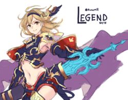  armpits blonde_hair blue_gloves blue_shorts brown_eyes cape closed_mouth commentary conqueror_of_the_eternals djeeta_(granblue_fantasy) elbow_gloves english_commentary female floating_hair gloves granblue_fantasy highres holding holding_sword holding_weapon looking_at_viewer medium_hair midriff navel pink_cape runemill short_shorts shorts simple_background smile solo standing sword weapon white_background 