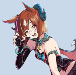  animal_ears asymmetrical_bangs bare_shoulders belt black_gloves blush breasts brown_eyes brown_hair claw_pose cleavage cosplay crop_top elbow_gloves fangs female fingerless_gloves glasses gloves grey_background halloween_costume horns horse_ears horse_girl ikuno_dictus_(umamusume) leaning_forward mejiro_palmer_(devil_in_the_moonlight)_(umamusume) mejiro_palmer_(umamusume) mejiro_palmer_(umamusume)_(cosplay) open_mouth round_eyewear short_hair simple_background single_elbow_glove single_glove sinnra_art small_breasts solo teeth tongue umamusume upper_body vest wings 