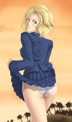  ass blonde_hair blue_eyes blush breasts closed_mouth clothes_lift female from_behind graphite_(medium) looking_at_viewer medium_breasts medium_hair metal_gear_(series) panties paz_ortega_andrade photoshop_(medium) skirt skirt_lift smile solo thor_(deep_rising) traditional_media underwear wavy_hair 