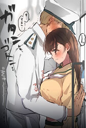  1boy admiral_(kancolle) blush breasts brown_eyes brown_hair closed_mouth ear_blush embarrassed female hair_between_eyes hat highres kabedon kantai_collection large_breasts long_hair long_sleeves military military_uniform nanahamu naval_uniform neckerchief ooi_(kancolle) ooi_kai_ni_(kancolle) peaked_cap sailor_collar school_uniform serafuku short_hair speech_bubble train_interior uniform wavy_mouth white_neckerchief yellow_sailor_collar yellow_serafuku 