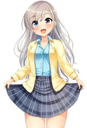  :d blue_shirt blush braid braided_bangs breasts collarbone collared_shirt commentary_request dress_shirt earrings female gaichi grey_eyes grey_hair grey_skirt highres hisakawa_hayate holding idolmaster idolmaster_cinderella_girls jacket jewelry long_hair long_sleeves looking_at_viewer open_clothes open_jacket open_mouth plaid plaid_skirt pleated_skirt shirt simple_background skirt skirt_hold small_breasts smile solo standing very_long_hair white_background yellow_jacket 