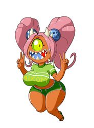  1_eye big_breasts bottomwear breasts cacodemon clothing colored_nails cookie_demon_(robotjoe) demon demon_humanoid doom_(series) female footwear green_eyes green_sclera hair hi_res humanoid id_software microsoft nails open_mouth pink_hair sandals sharp_teeth shirt shorts simple_background smile solo t-shirt tansau teeth topwear twintails 