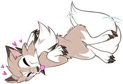  ambiguous_gender blep brown_body brown_fur claws closed_eyes ear_markings esmeia facial_markings feral fur generation_7_pokemon head_markings heart_symbol lycanroc markings midday_lycanroc motion_lines nintendo pawpads pokemon pokemon_(species) signature simple_background smile solo spikes tail tail_motion tailwag tongue tongue_out tuft white_background white_body white_fur 