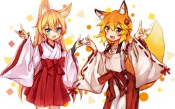  2girls animal_ear_fluff animal_ears arm_up blonde_hair blue_eyes character_request commentary_request copyright_request crossover double_fox_shadow_puppet fox_ears fox_girl fox_shadow_puppet fox_shadow_puppet_kiss fox_tail hair_ornament hakama hakama_short_skirt hakama_skirt japanese_clothes kida_kuro_mu long_hair miko multiple_girls oerba_yun_fang open_mouth senko_(sewayaki_kitsune_no_senko-san) sewayaki_kitsune_no_senko-san shadow_puppet shirt short_hair skirt smile tail white_shirt yellow_eyes 