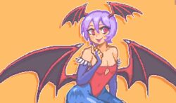  animal_print bare_shoulders bat_print blue_pantyhose blush breasts cleavage closed_mouth collarbone covered_navel demon_girl demon_wings female hcnone head_wings leotard lilith_aensland looking_at_viewer orange_background pantyhose pink_hair red_eyes red_leotard short_hair simple_background sitting small_breasts smile solo tongue tongue_out vampire_(game) wings 