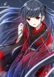  asagami_fujino asagami_fujino_(third_ascension) black_kimono blue_hair breasts fate/grand_order fate_(series) female japanese_clothes kara_no_kyoukai kimono long_hair long_sleeves looking_at_viewer medium_breasts obi open_mouth red_eyes red_kimono sash sidelocks smile solo totororo two-tone_kimono wide_sleeves 