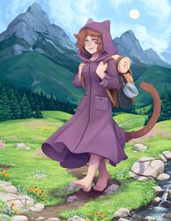  adventure animal_humanoid backpack barefoot brown_hair cat_humanoid clothing coat detailed_background feet felid felid_humanoid feline feline_humanoid female flower forest hair happy hi_res humanoid lucy_(dehelleman) lunareden mammal mammal_humanoid mountain plant purple_clothing purple_coat purple_topwear short_hair solo topwear traveling tree 