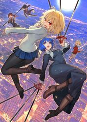  2boys 3girls :d ahoge arcueid_brunestud black_keys_(type-moon) blonde_hair blue_eyes blue_hair boots breasts ciel_(tsukihime) commentary_request cross-laced_footwear highres knee_boots lace-up_boots lack long_sleeves looking_at_viewer mario_gallo_bestino medium_breasts moon multiple_boys multiple_girls noel_(tsukihime) official_art open_mouth outdoors pantyhose red_eyes short_hair skirt smile sweater tohno_shiki tsukihime tsukihime_(remake) turtleneck weapon 