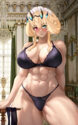  abs absurdres ass_visible_through_thighs bare_shoulders barghest_(fate) barghest_(swimsuit_archer)_(fate) barghest_(swimsuit_archer)_(second_ascension)_(fate) black_bra black_panties blonde_hair blush bra breasts cleavage collarbone fate/grand_order fate_(series) female green_eyes heterochromia highres horns large_breasts looking_at_viewer maid maid_headdress medium_hair muscular muscular_female navel panties photo_background raskasar red_eyes solo thighs underwear underwear_only 