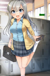  adjusting_footwear blue_eyes blue_shirt blurry blurry_background braid braided_bangs breasts briefcase brown_footwear collared_shirt commentary_request depth_of_field dress_shirt female gaichi getabako grey_hair grey_skirt hair_between_eyes highres hisakawa_hayate idolmaster idolmaster_cinderella_girls indoors jacket loafers long_hair long_sleeves medium_breasts open_clothes open_jacket plaid plaid_skirt pleated_skirt school_briefcase shirt shoe_soles shoes skirt socks solo standing standing_on_one_leg very_long_hair white_socks yellow_jacket 