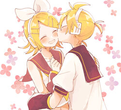  1boy arm_warmers arms_around_waist bare_shoulders black_sailor_collar blush bow closed_eyes commentary crop_top female floral_background hair_ornament hairbow hairclip hand_on_another&#039;s_shoulder hands_up headphones kagamine_len kagamine_rin kissing kissing_cheek midriff navel neckerchief open_mouth sailor_collar school_uniform shirt short_hair short_ponytail short_sleeves smile spiked_hair straight suzumi_(fallxalice) swept_bangs upper_body vocaloid white_bow white_shirt yellow_neckerchief 