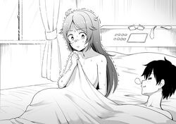  1boy bed blanket commentary_request condom condom_wrapper female greyscale hangover indoors long_hair monochrome nervous nervous_sweating nose_bubble nude on_bed princess_connect! sleeping sleeping_bag smile straight sweat trembling used_condom very_sweaty waking_up window yue_(show-ei) yukari_(princess_connect!) yukari_(real)_(princess_connect!) yuuki_(princess_connect!) 