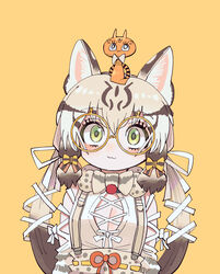  absurdres animal_costume animal_ear_fluff animal_ears bespectacled bow bowtie cat_ears cat_girl closed_mouth extra_ears female geoffroy&#039;s_cat_(kemono_friends) glasses green_eyes highres kanmoku-san kemono_friends kemono_friends_v_project long_hair looking_at_viewer microphone multicolored_hair ribbon round_eyewear shirt simple_background skirt suspenders twintails virtual_youtuber yellow-framed_eyewear 