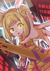  :o abstract_background armor armored_dress arms_up aura blonde_hair bob_cut cityscape clenched_hand double_bun dutch_angle female foreshortening hair_bun hair_ribbon haniwa_(statue) joutouguu_mayumi looking_at_viewer outstretched_hand puffy_short_sleeves puffy_sleeves reaching reaching_towards_viewer ribbon shirt short_hair short_sleeves solo standing touhou upper_body vambraces white_shirt wool_(miwol) yellow_eyes 