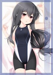  alternate_costume artist_name bike_shorts black_hair black_one-piece_swimsuit character_name commentary_request competition_swimsuit cowboy_shot female flat_chest hatsushimo_(kancolle) highleg highleg_swimsuit highres inaba_shiki kantai_collection long_hair low-tied_long_hair lying multicolored_clothes multicolored_swimsuit one-piece_swimsuit red_eyes solo swimsuit swimsuit_over_clothes 