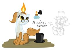  2020 alcohol_burner amber_eyes animate_inanimate camo-pony clothing english_text equid equine eyewear female fire glasses hasbro hat headgear headwear hi_res horse mammal my_little_pony ponification pony sitting solo text top_hat what_has_magic_done what_has_science_done 