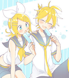  1boy black_sailor_collar black_shorts blonde_hair blue_eyes bow closed_eyes commentary crop_top double_popsicle failure female food hair_ornament hairbow hairclip headphones holding holding_food kagamine_len kagamine_rin nail_polish neckerchief necktie open_mouth popsicle sailor_collar school_uniform sharing_food shirt short_hair short_ponytail short_shorts short_sleeves shorts sitting smile spiked_hair suzumi_(fallxalice) swept_bangs unequal_popsicle_division vocaloid white_bow white_shirt yellow_nails yellow_neckerchief yellow_necktie 