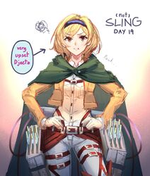  :t absurdres belt blonde_hair blue_hairband cape closed_mouth commentary contrapposto cowboy_shot crossover djeeta_(granblue_fantasy) english_commentary female granblue_fantasy green_cape hairband hands_on_own_hips highres jacket looking_at_viewer medium_hair open_clothes open_jacket pants paradis_military_uniform pout runemill shingeki_no_kyojin shirt solo squiggle standing thigh_strap three-dimensional_maneuver_gear white_pants white_shirt yellow_jacket 