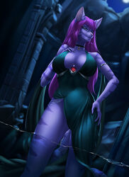  2023 anthro breasts clothed clothing darkwitchclaire detailed_background digital_media_(artwork) domestic_cat dress elvofirida eyebrows eyelashes eyewear felid feline felis female fur glasses hair hi_res mammal night outside purple_body purple_fur purple_hair smile solo 