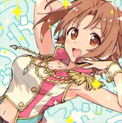  ahoge arm_up armpits blue_background breasts brown_hair cleavage collarbone crop_top cropped_jacket female hand_up idolmaster idolmaster_cinderella_girls idolmaster_cinderella_girls_starlight_stage jacket large_breasts looking_at_viewer nanonin navel open_mouth pink_jacket polka_dot polka_dot_background red_eyes saito_yoko short_hair smile solo sparkle text_background wrist_cuffs 