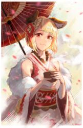  :3 animal_ears blonde_hair bob_cut border braid closed_mouth cup erune female granblue_fantasy hair_ornament highres holding holding_cup looking_at_viewer medium_hair obi oil-paper_umbrella red_eyes red_sash red_umbrella runemill sash smile solo steam twitter_username umbrella upper_body vajra_(granblue_fantasy) white_border 