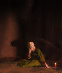  blonde_hair candle covering_face different_shadow dress elden_ring espen_olsen_saetervik female green_dress hand_on_own_face highres rya_(elden_ring) sitting solo 