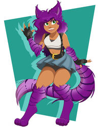  animal_humanoid bottomwear cat_humanoid clothed clothing evonallure felid felid_humanoid feline feline_humanoid female fingerless_gloves fur furgonomics gloves green_eyes hair handwear humanoid mammal mammal_humanoid midriff navel open_mouth purple_body purple_fur purple_hair shirt skirt solo tail tail_through_skirt tank_top topwear 