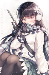  arm_at_side black_hair blush brown_pantyhose checkered coat commentary_request covering_own_mouth crying crying_with_eyes_open earmuffs female flower girls&#039;_frontline green_skirt grey_background grey_scarf gun hair_flower hair_ornament haneiro highres jewelry knees_up long_hair long_sleeves looking_at_viewer miniskirt official_alternate_costume open_mouth pantyhose photoshop_(medium) plaid plaid_scarf pleated_skirt ring scarf skirt solo submachine_gun tears translation_request type_100_(girls&#039;_frontline) type_100_(treasure_buried_deep_within)_(girls&#039;_frontline) type_100_smg very_long_hair weapon weapon_on_back white_coat white_flower yellow_eyes 