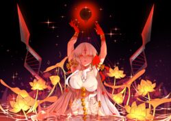  absurdres armlet armpits arms_up bare_shoulders belly_chain blush body_markings bracelet breasts cleavage colored_skin durga_(fate) earrings facial_mark fate/grand_order fate_(series) female flower forehead_mark gradient_skin grey_hair hair_ribbon highres jewelry large_breasts lily_(flower) long_hair looking_at_viewer nekokitsune4242 open_mouth pelvic_curtain red_eyes red_skin revealing_clothes ribbon sash snake solo thumb_ring very_long_hair wading water weapon 