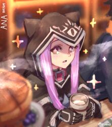  +_+ animal_hood belt_collar black_capelet black_gloves blurry blurry_background blurry_foreground capelet collar commentary cup depth_of_field english_commentary fate/grand_order fate_(series) female food gloves highres holding holding_cup hood hood_up long_hair long_sleeves looking_at_viewer medusa_(fate) medusa_(lancer)_(fate) open_mouth pink_eyes pink_hair runemill sanpaku solo_focus sparkle twitter_username wide-eyed 