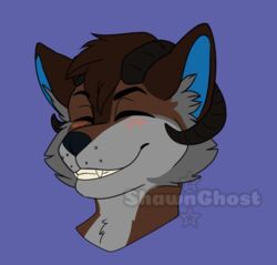  anthro blue_inner_ear blush blush_lines brown_body brown_fur brown_hair canid canine canis cheek_tuft closed_eyes facial_tuft fur grey_body grey_fur hair horn hybrid inner_ear_fluff male mammal mistystar smile solo tuft wolf 