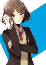  absurdres blazer blue_background blush brown_eyes brown_hair brown_jacket buttons cardigan cellphone closed_mouth collared_shirt commentary female hand_up highres holding holding_phone jacket long_sleeves looking_at_viewer mebunryo_(mebunryo2) necktie open_clothes open_jacket phone red_necktie sasaki_(suzumiya_haruhi) school_uniform shirt short_hair smartphone smile solo suzumiya_haruhi_no_yuuutsu sweat talking_on_phone two-tone_background upper_body white_background white_shirt yellow_cardigan 