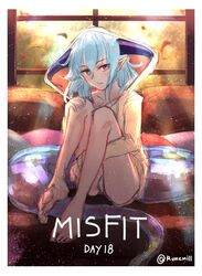  absurdres barefoot blue_hair border closed_mouth commentary english_commentary female filene_(shadowverse) highres horns long_sleeves long_tail looking_at_viewer medium_hair panties pointy_ears red_eyes runemill shadowverse sitting solo sweater tail twitter_username underwear white_border white_panties yellow_sweater 