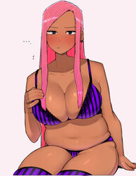  blush bra breasts cleavage dark-skinned_female dark_skin earrings female jewelry large_breasts long_hair looking_at_viewer ohasi original panties pink_(ohasi) pink_hair plump simple_background solo striped_bra striped_clothes striped_panties sweat thighhighs underwear vertical-striped_bra vertical-striped_clothes 