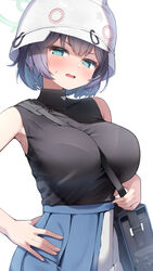  bag between_breasts black_hair black_shirt blue_archive blue_eyes blush bra bra_visible_through_clothes breasts combat_helmet female hand_on_own_hip hat helmet large_breasts open_mouth saki_(blue_archive) shirt sleeveless sleeveless_shirt solo stahlhelm strap_between_breasts underwear ushimittsu white_background white_hat 