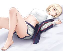  azur_lane bare_legs barefoot bataan_(azur_lane) blonde_hair blue_eyes breasts crop_top feet female foot_out_of_frame hair_between_eyes highres jacket jakqbigone knee_up large_breasts legs long_sleeves looking_at_viewer lying midriff navel official_alternate_costume on_back open_clothes open_jacket shirt short_hair solo stomach thighs toenails toes white_shirt 