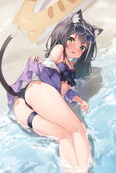  absurdres animal_ear_fluff animal_ears ass bare_shoulders bikini black_bikini black_hair blush breasts cat_ears cat_girl cat_tail day eyewear_on_head female green_eyes highres innertube karyl_(princess_connect!) karyl_(summer)_(princess_connect!) long_hair looking_at_viewer lying mokew multicolored_hair oerba_yun_fang on_side outdoors princess_connect! skin_fang small_breasts solo streaked_hair sunglasses swim_ring swimsuit tail thigh_strap water white_hair 