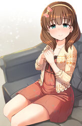  blush brown_dress brown_hair brown_jacket closed_mouth commentary_request dress feet_out_of_frame female gaichi gradient_background green_eyes grey_background hands_up highres idolmaster idolmaster_cinderella_girls jacket long_sleeves looking_at_viewer open_clothes open_jacket own_hands_together sakuma_mayu sitting smile solo white_background 