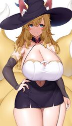  animal_ears blonde_hair blue_eyes breasts bridal_gauntlets cleavage clothing_cutout commission female fox_ears fox_girl fox_tail gloves hand_on_own_hip hat highres large_breasts looking_at_viewer multiple_tails navel original skeb_commission solo suruga_(xsurugax) tail 