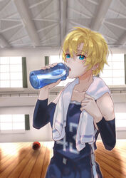  absurdres alternate_costume ball basketball basketball_(object) basketball_uniform blonde_hair blue_eyes bottle chinese_commentary commentary_request cowboy_shot day detached_sleeves drinking female gym highres indoors n.s.egg short_hair shorts solo sportswear sweat tennessee_(warship_girls_r) towel towel_around_neck warship_girls_r water_bottle window 