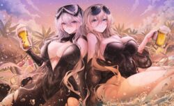  2girls absurdres alcohol armpit_cutout azur_lane beer beer_mug bismarck_(azur_lane) bismarck_zwei_(azur_lane) bismarck_zwei_(crystal-clear_holiday)_(azur_lane) black_wetsuit blonde_hair blue_eyes bodysuit breasts casual_one-piece_swimsuit clothing_cutout cloud cup diving_mask diving_suit enterprise_(azur_lane) enterprise_(diving_under_blue_skies)_(azur_lane) eyewear_on_head goggles goggles_on_head grey_hair highres holding holding_cup jungle large_breasts long_hair mug multiple_girls nature one-piece_swimsuit open_wetsuit pantyhose pantyhose_under_swimsuit purple_eyes ru_251 scuba_gear sky strapless strapless_one-piece_swimsuit sunglasses swim_goggles swimsuit torn_clothes torn_pantyhose water wet wetsuit 