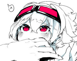  absurdres biting biting_another&#039;s_hand blush crossed_bangs female goggles goggles_on_head hair_between_eyes highres looking_up medium_hair niwamaru_(niwarhythm) niwarhythm original red_eyes solo_focus spoken_symbol spoken_x upturned_eyes 