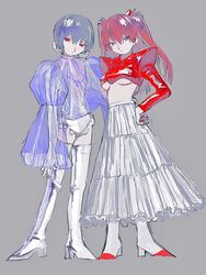  2girls alternate_costume ayanami_rei bad_id bad_twitter_id blue_hair boots breasts cof6ta7w crop_top frilled_leotard frills grey_background hand_on_own_hip highres juliet_sleeves leotard long_hair long_skirt long_sleeves midriff multiple_girls neon_genesis_evangelion orange_hair puffy_long_sleeves puffy_sleeves purple_eyes red_eyes see-through short_hair silver_footwear silver_legwear silver_leotard simple_background skirt souryuu_asuka_langley thigh_boots thighhighs twintails underboob white_skirt 