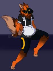  anthro blush brown_body brown_fur clothing digital_media_(artwork) fluffy fluffy_ears fluffy_tail fur machine maid_uniform male mistystar neck_tuft orange_body orange_fur protogen screen screen_face shaded simple_background solo tail tuft uniform 