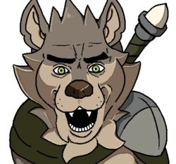  anonymous_artist anthro armor brown_nose canid canine canis far_beyond_the_world_(series) fur green_eyes low_res male mammal melee_weapon open_mouth pauldron perro_rabioso ranok_(far_beyond_the_world) rape_face sharp_teeth simple_background solo soyjak sword tan_body tan_fur teeth weapon wolf 