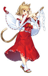  absurdres akasaai animal_ears ayame_(nekomiko) cat_ears cat_tail detached_sleeves female full_body gohei hair_ornament hakama hakama_short_skirt hakama_skirt highres hip_vent holding japanese_clothes light_brown_hair miko nekomiko oerba_yun_fang official_art open_mouth orange_eyes red_hakama ribbon-trimmed_skirt ribbon-trimmed_sleeves ribbon_trim sandals short_hair simple_background skirt solo tabi tail white_background wide_sleeves x_hair_ornament zouri 