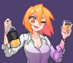  alcohol blush breasts cleavage collarbone collared_shirt female hcnone large_breasts long_sleeves looking_at_viewer oerba_yun_fang office_lady one_eye_closed open_mouth orange_hair original pixel_art purple_background shirt short_hair simple_background smile solo upper_body whiskey whiskey_(hcnone) white_shirt 