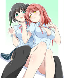  2girls bare_legs black_hair black_thighhighs blue_shirt blue_skirt blush breasts bunji cleavage collarbone collared_shirt commentary_request convenient_leg dutch_angle feet_out_of_frame flirting gradient_background gradient_hair green_background green_eyes hair_between_eyes hair_bun hair_in_own_mouth hand_on_another&#039;s_chin hand_up hands_up heads_together highres holding holding_ribbon knees_together_feet_apart knees_up looking_at_another looking_back loose_hair_strand love_live! love_live!_nijigasaki_high_school_idol_club medium_breasts medium_hair miniskirt multicolored_hair multiple_girls neck_ribbon nijigasaki_school_uniform no_bra open_mouth panties pantyshot parted_lips partially_unbuttoned pink_panties plaid plaid_skirt pleated_skirt raised_eyebrows red_hair red_ribbon ribbon school_uniform shirt short_hair single_side_bun sitting skirt spread_legs summer_uniform sweatdrop takasaki_yu thighhighs twintails two-tone_hair uehara_ayumu underwear undone_neck_ribbon wavy_mouth white_background yellow_eyes yuri 