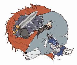  armor artorias_the_abysswalker black_body black_fur blaidd_(elden_ring) canid canine canis cape clothed clothing crossover dark_souls elden_ring facial_scar fromsoftware fur great_grey_wolf_sif grey_body grey_fur group human male mammal melee_weapon red_body red_fur red_wolf_of_radagon scar sekiro:_shadows_die_twice simple_background sleeping sword takibi tusks weapon white_background wolf wolf_(sekiro) 